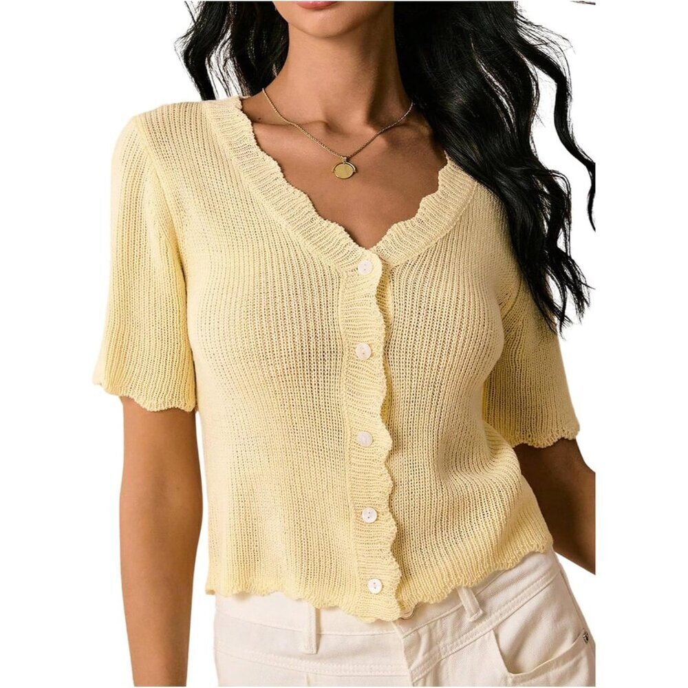 Women's Knitted Short Sleeve V Neck Cardigan Sweater Button Scallop Trendy
